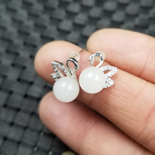 天然玉石新疆和田玉金丝玉圆珠耳钉白玉天鹅耳环玉石耳钉耳坠