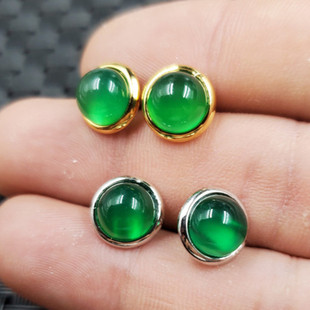 玉石耳钉冰种绿玉髓圆形耳钉碧绿色玛瑙耳钉菠菜绿耳坠玉耳饰耳环