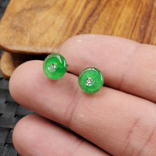 玉石耳钉碧绿色平安扣耳钉石英岩玉平安扣耳钉饰品耳钉玉耳坠