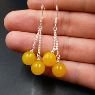 高档精美 荧光浮盐水蜜蜡圆珠耳环 鸡油黄蜜蜡耳坠 老蜜蜡耳饰