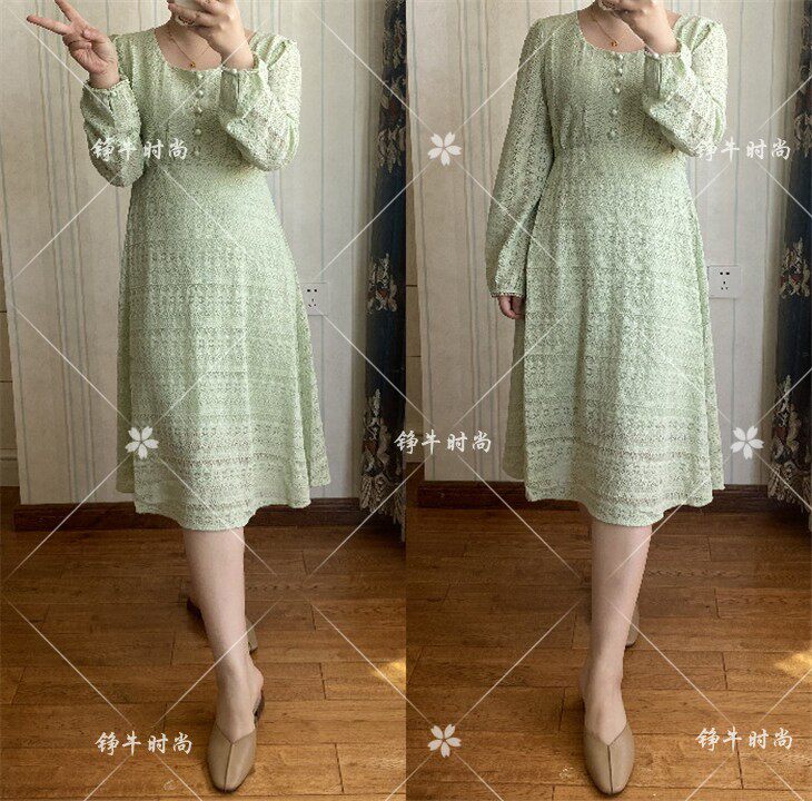 特正品20秋蕾丝勾花镂空长袖圆领中长连衣裙EEOWA8702I OWA8702I