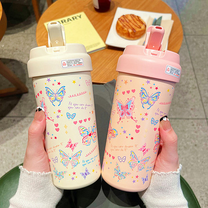 可爱高颜值蝴蝶带茶隔保温杯女生办公室泡茶水杯便携吸管随行杯子