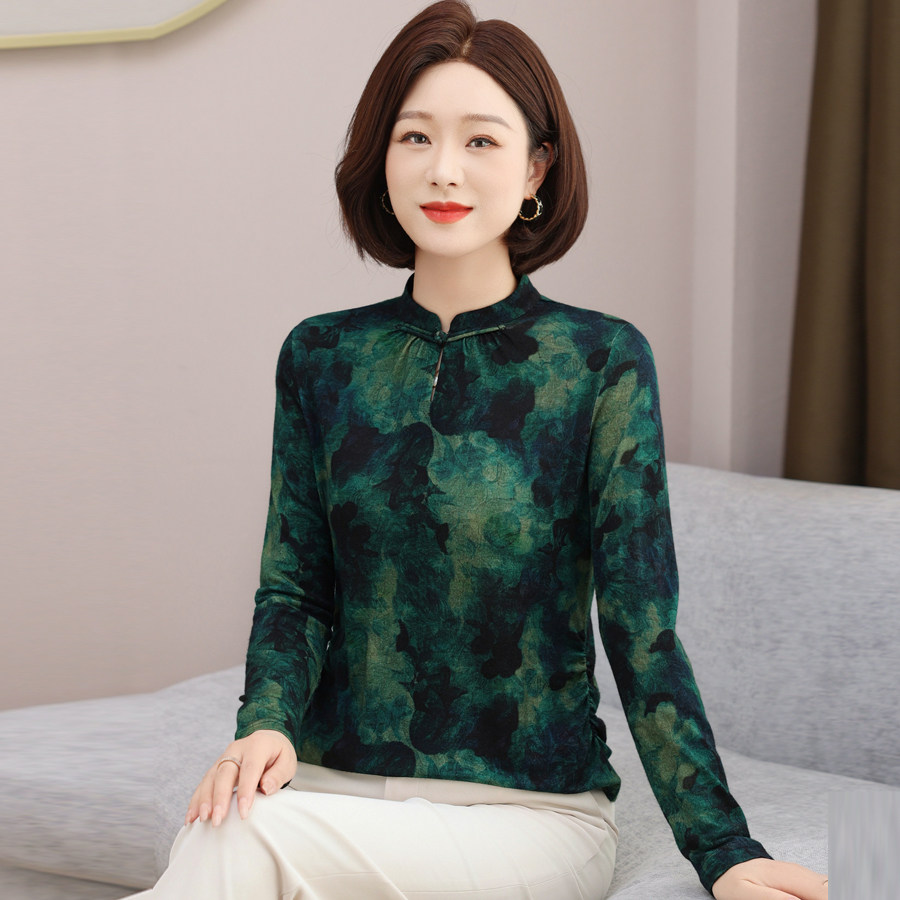 新中式羊毛上衣女长袖2025秋季洋气印花100%绵羊毛衬衫T恤打底衫
