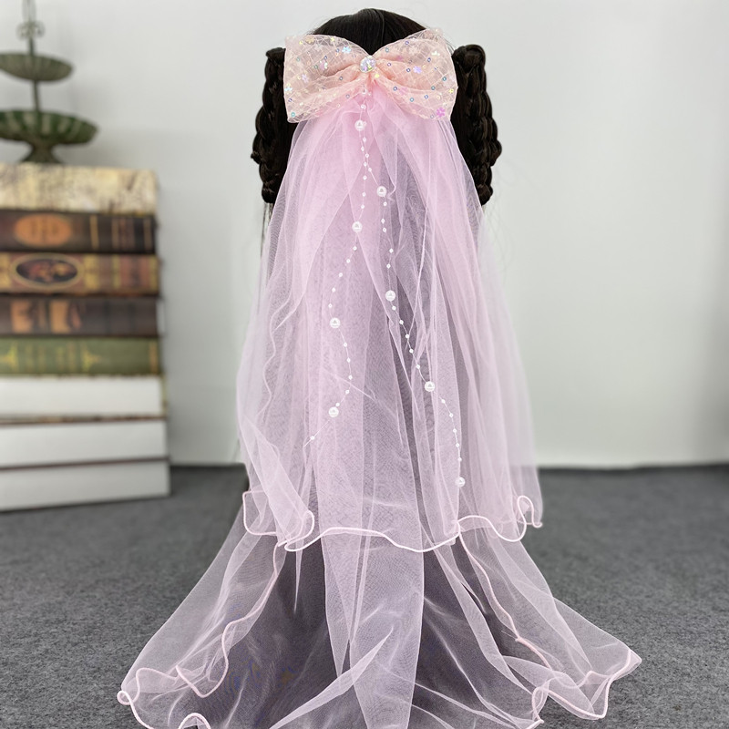 宝宝公主裙婚纱头纱发夹小女孩生日发卡女童超长飘带发饰儿童头饰