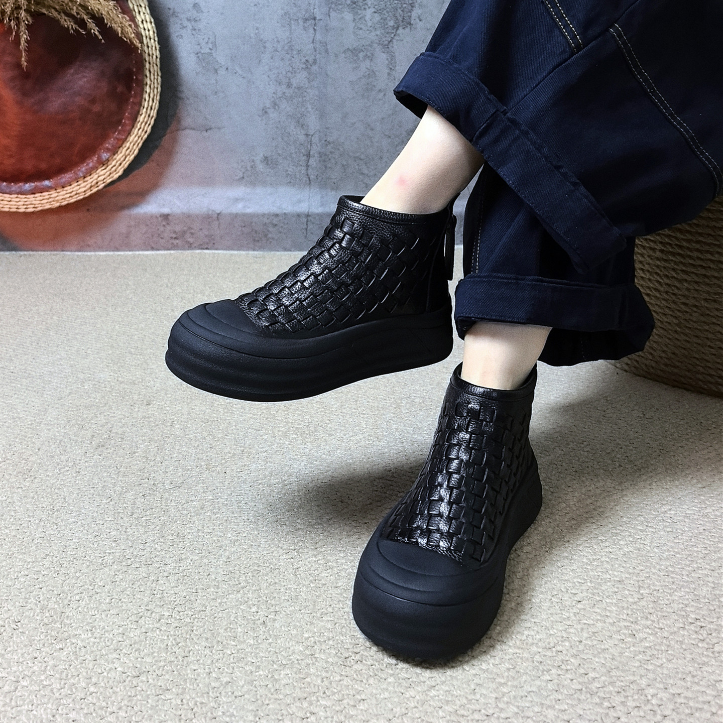 手工编织软底厚底休闲短靴高帮鞋