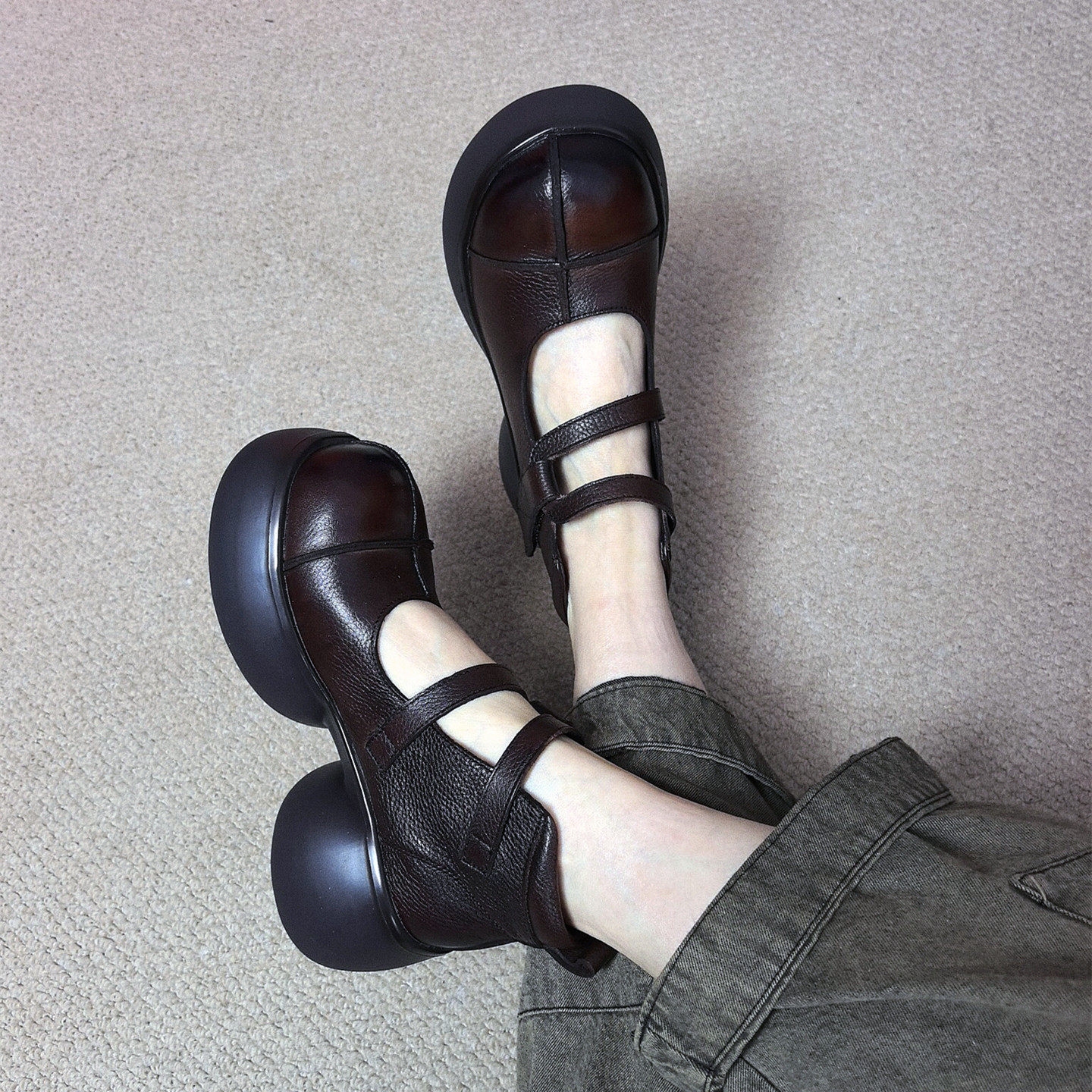 四月倾城高端手工真皮复古女鞋小众设计感厚底粗高跟圆头绑带单鞋