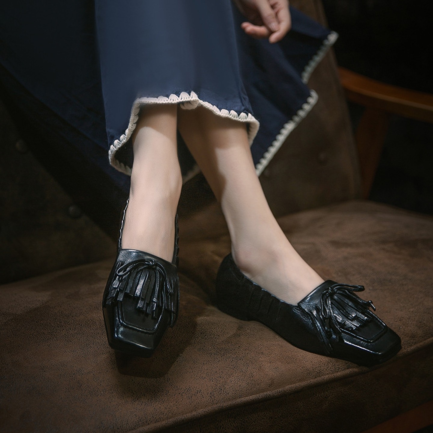 复古轻奢真皮浅口单鞋女春夏新款时尚方头流苏鞋一脚蹬低跟乐福鞋,女鞋,乐福鞋（豆豆鞋）,淘宝优惠券,粉丝福利购,淘宝优惠卷