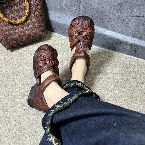 复古真皮手工编织镂空包头凉鞋女