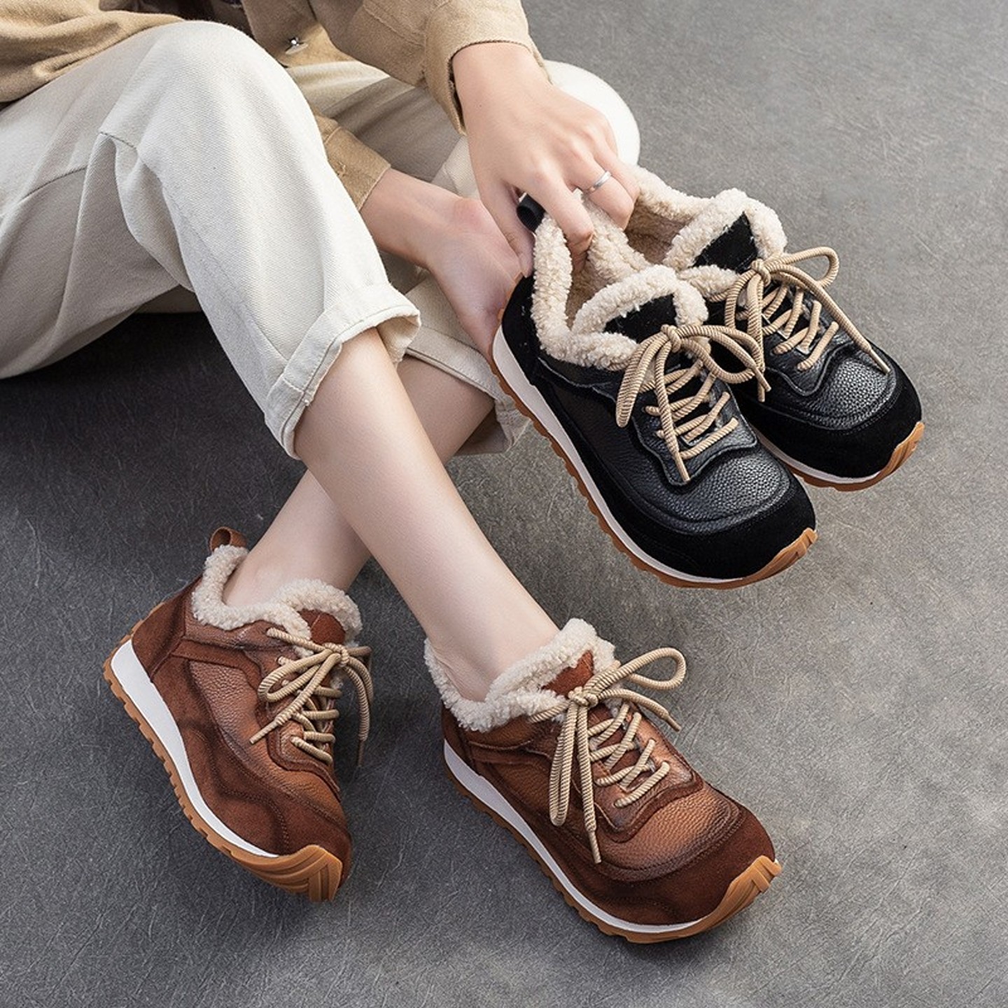 四月倾城复古系带阿甘鞋女2026春季新款真皮羊羔毛保暖平底休闲鞋,女鞋,棉鞋,淘宝优惠券,粉丝福利购,淘宝优惠卷