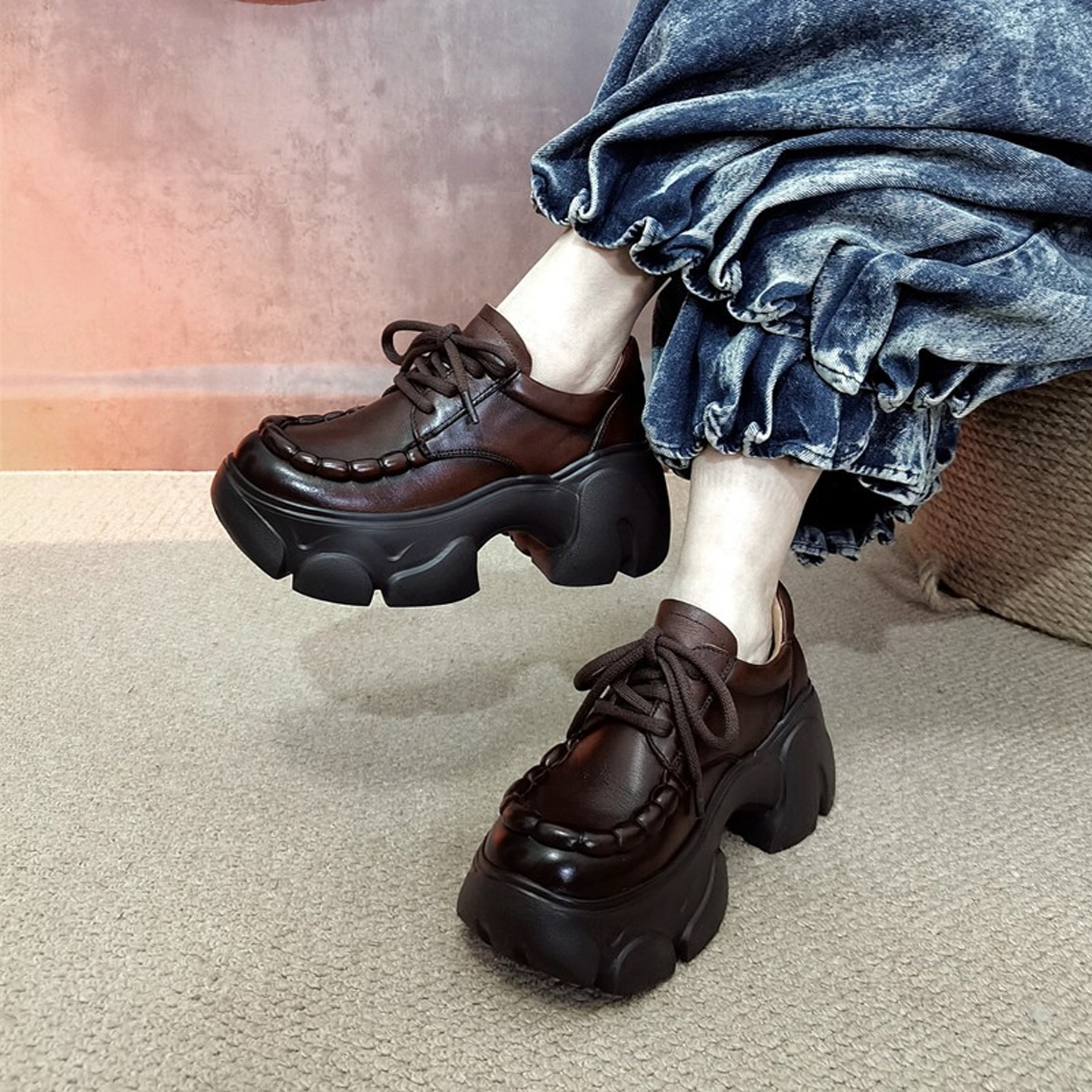 四月倾城单鞋真皮厚底粗跟休闲鞋