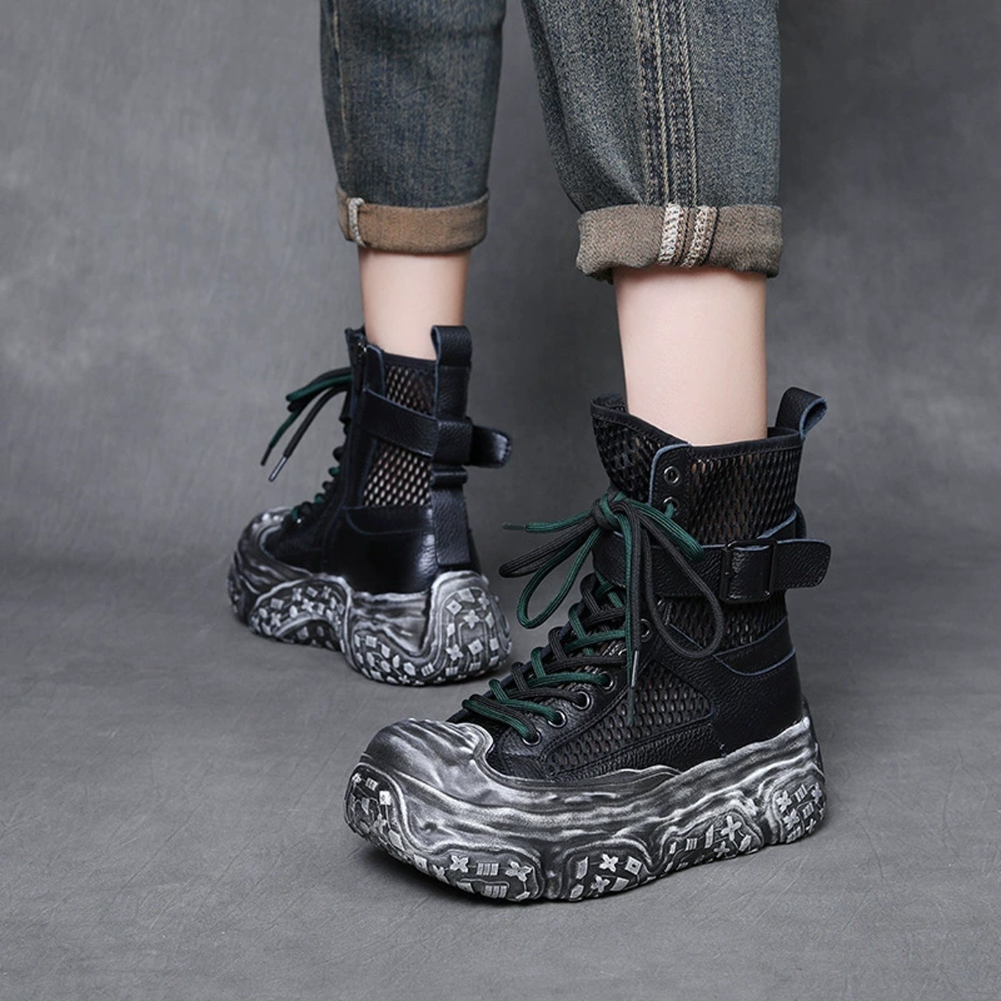 四月倾城厚底真皮网面透气马丁凉靴女秋冬季新款松糕短靴高帮凉鞋,女鞋,马丁靴,淘宝优惠券,粉丝福利购,淘宝优惠卷