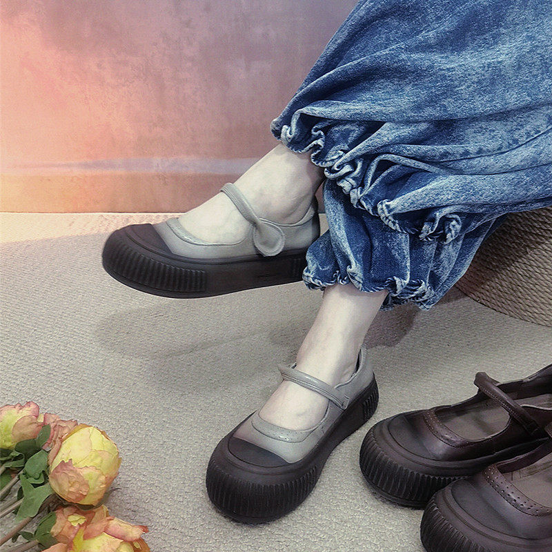 森女文艺复古真皮单鞋春季新款圆头松糕厚底一字扣带玛丽珍小皮鞋