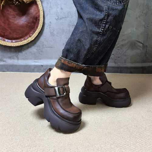 真皮厚底粗高跟英伦风女鞋乐福鞋