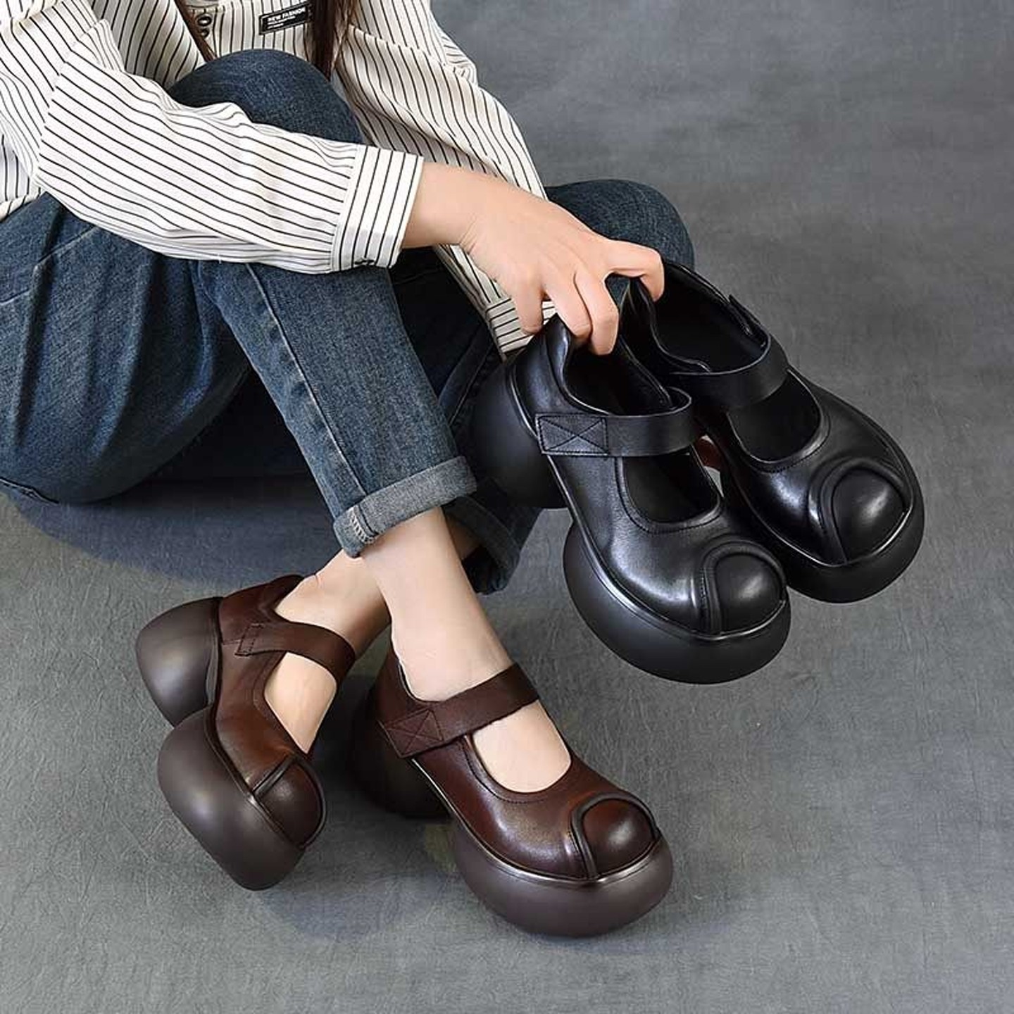 四月倾城复古真皮厚底单鞋女2026春秋新款小个子增高魔术贴松糕鞋,女鞋,时尚休闲鞋,淘宝优惠券,粉丝福利购,淘宝优惠卷