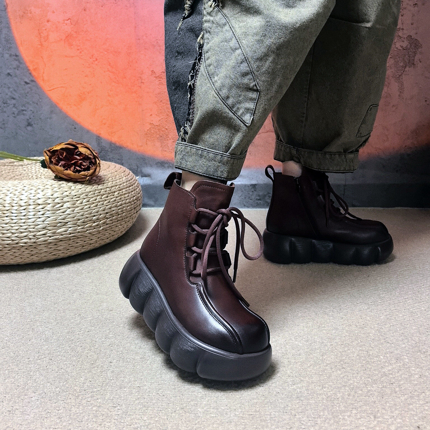 真皮棉靴子女四月倾城秋冬季新款复古松糕厚底短靴加绒保暖马丁靴,女鞋,马丁靴,淘宝优惠券,粉丝福利购,淘宝优惠卷