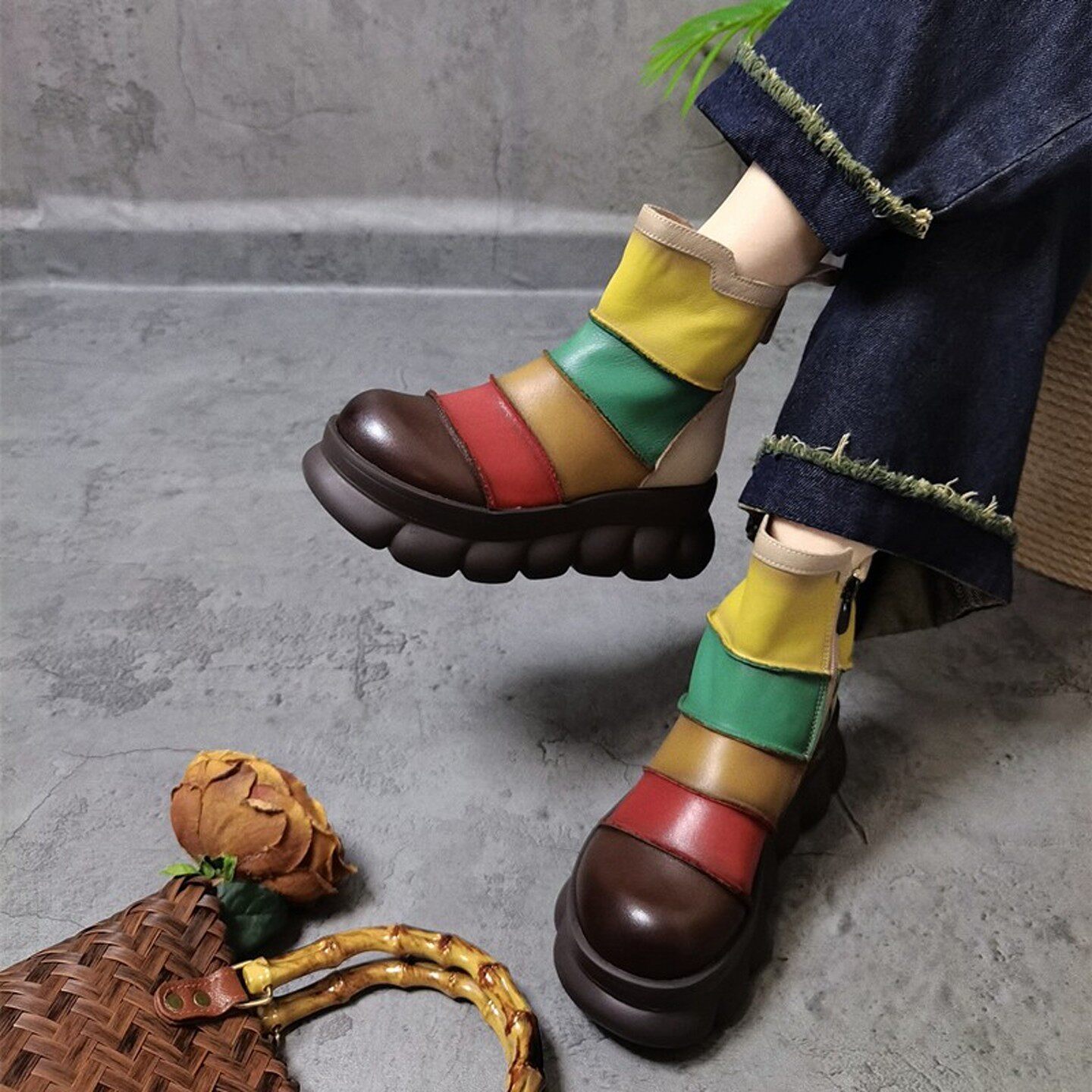 四月倾城真皮复古彩虹拼色厚底短靴女秋冬季新款松糕跟马丁靴棉靴