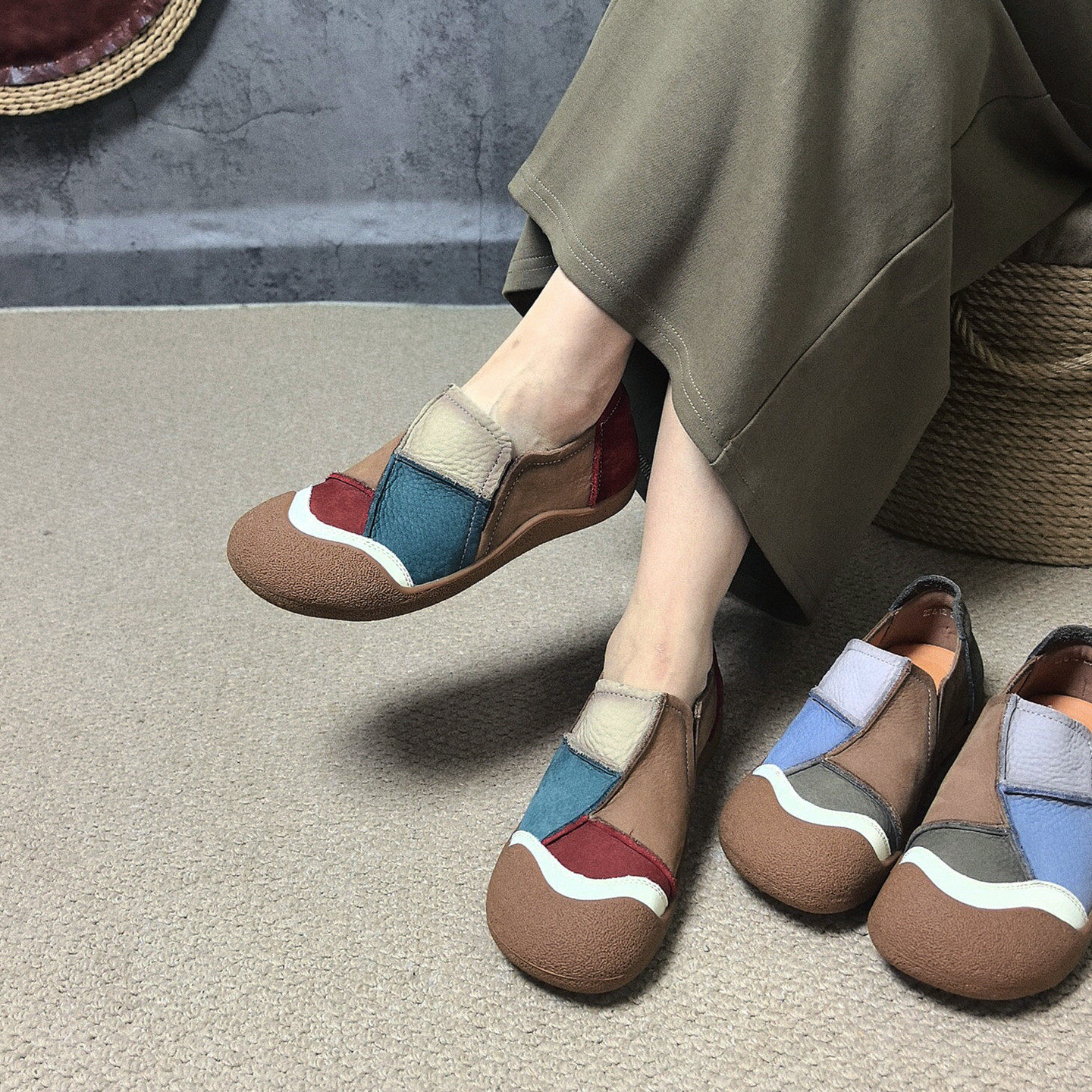四月倾城真皮手工复古拼色单鞋女软底平跟休闲豆豆鞋一脚蹬乞丐鞋,女鞋,乐福鞋（豆豆鞋）,淘宝优惠券,粉丝福利购,淘宝优惠卷