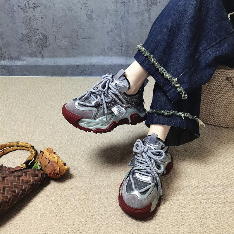 烫钻老爹鞋真皮厚底拼色休闲鞋