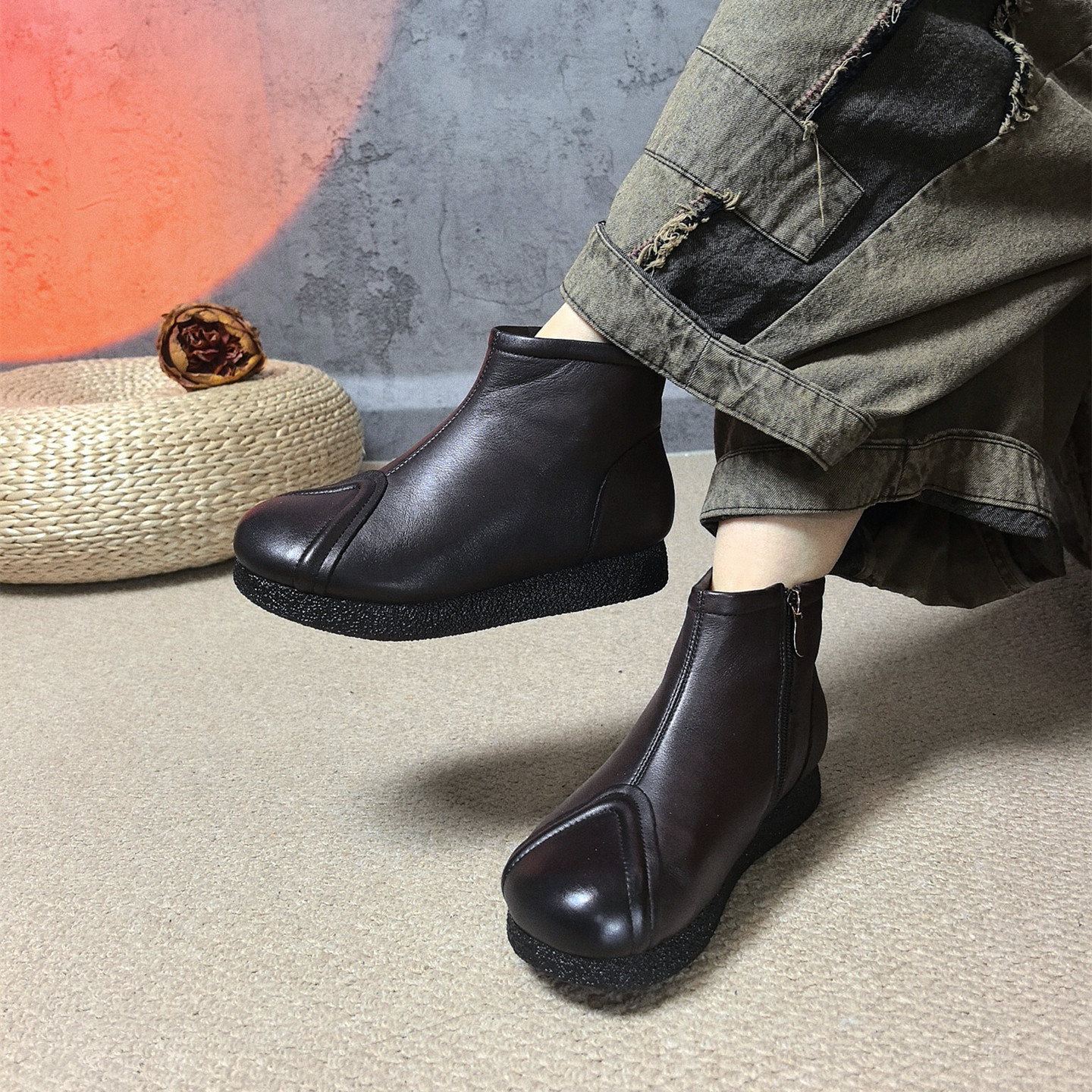 真皮加绒短靴舒适软底棉靴妈妈鞋