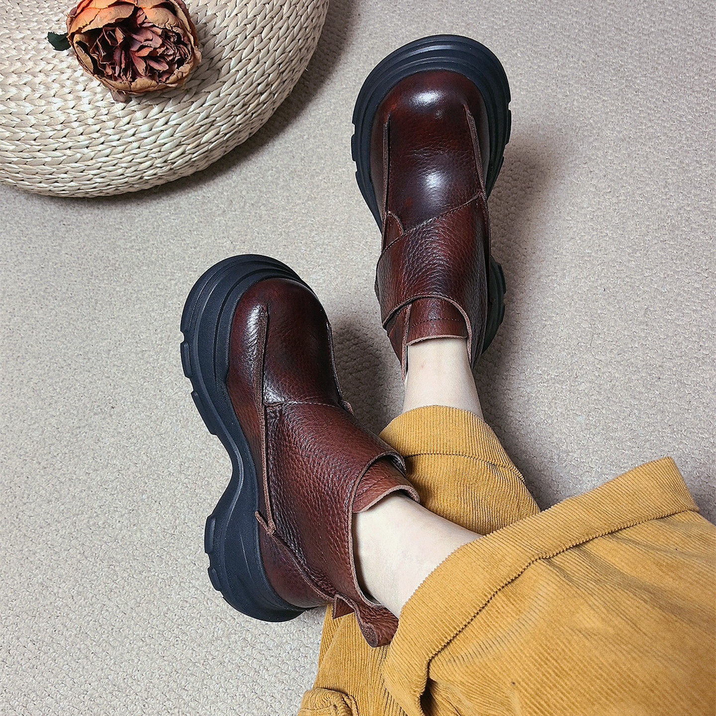 真皮棉靴女2025秋冬新款复古厚底魔术贴大头娃娃鞋短靴加绒马丁靴,女鞋,马丁靴,淘宝优惠券,粉丝福利购,淘宝优惠卷