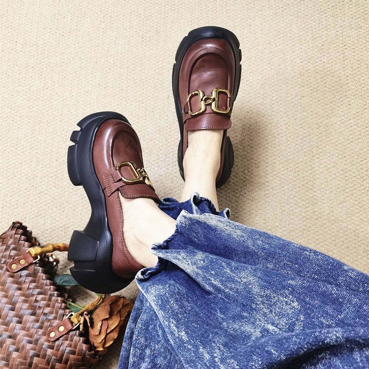 大头厚底乐福鞋女丑萌复古增高单鞋真皮一脚蹬女鞋松糕英伦小皮鞋,女鞋,浅口单鞋,淘宝优惠券,粉丝福利购,淘宝优惠卷