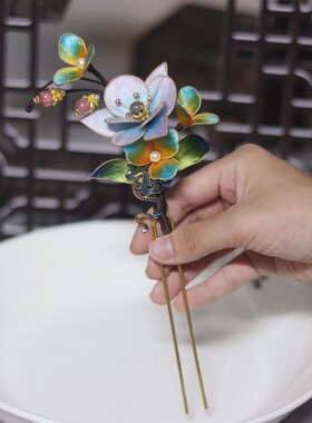 手工丝绒花古风仿点翠发簪