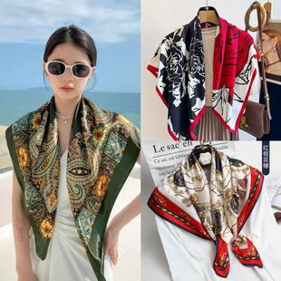 直播90大方巾百搭围巾女时尚 防晒披肩头巾色丁领巾 印花丝巾夏季