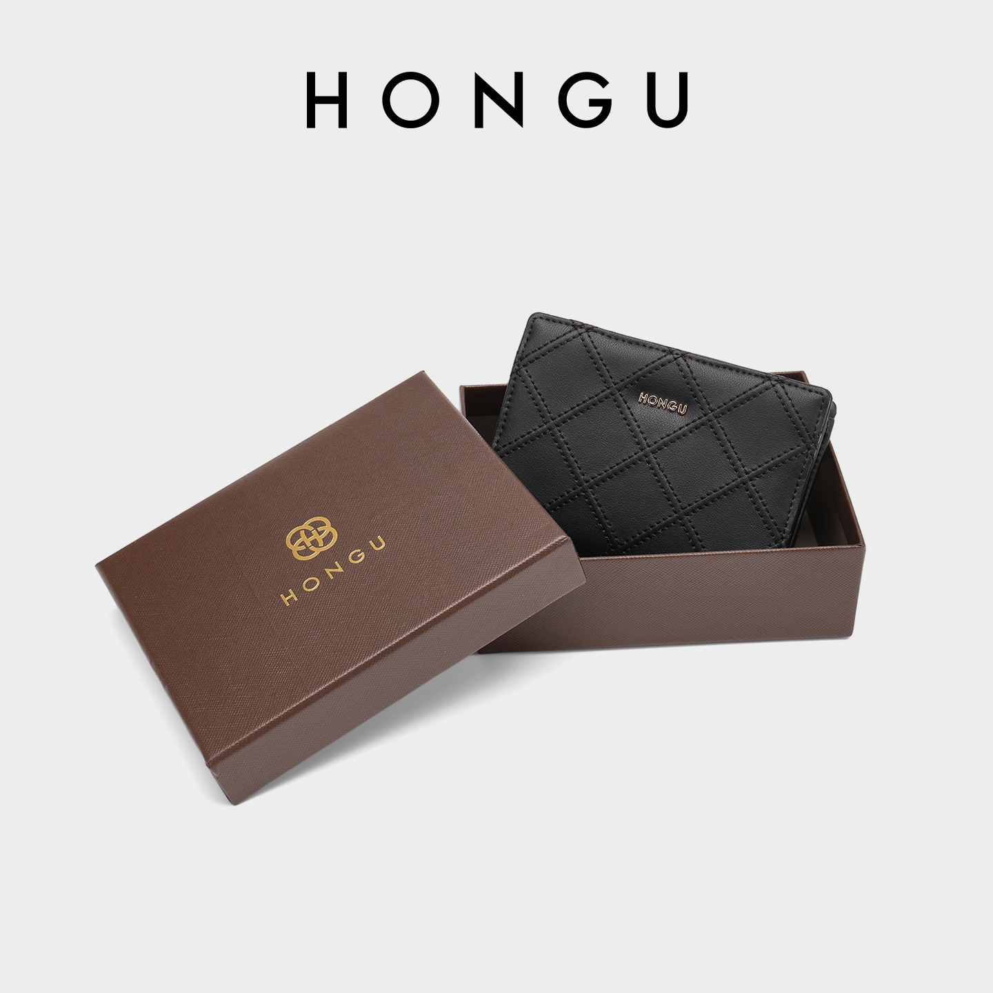 HONGU/红谷牛皮钱包女短款折叠迷你薄款钱夹时尚菱格零钱包皮夹包