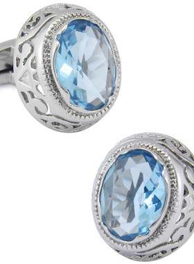 勋爵 天蓝色 锆石袖扣 真正人造宝石 镀白金袖扣袖钉袖口1