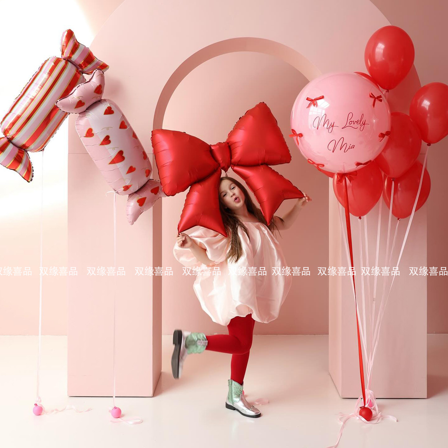 爱心条纹卡通糖果铝膜气球大红色蝴蝶结新年元旦生日派对布置装饰