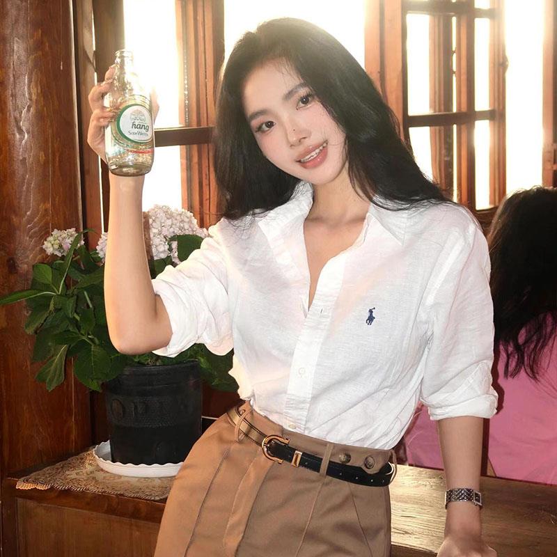 [三折专区] 拉夫亚麻衬衫女长袖小马标休闲衬衣夏季薄款防晒衣潮
