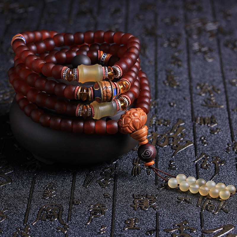 西藏桶珠老羊角108颗手串佛珠满血羊角文玩橄榄核配饰羊骨手链女