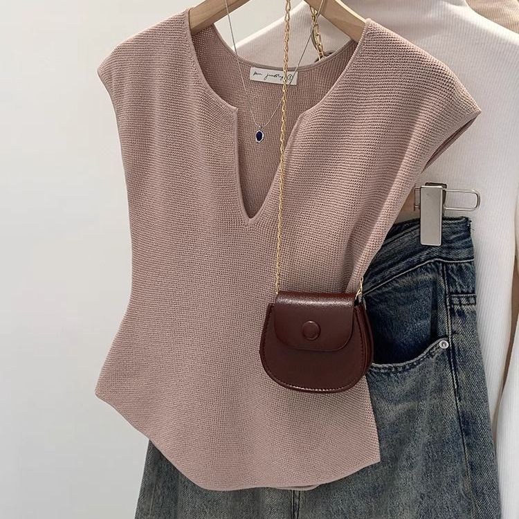 2025新款夏季U型领小飞袖弧下摆针织无袖T恤女休闲外穿背心上衣潮