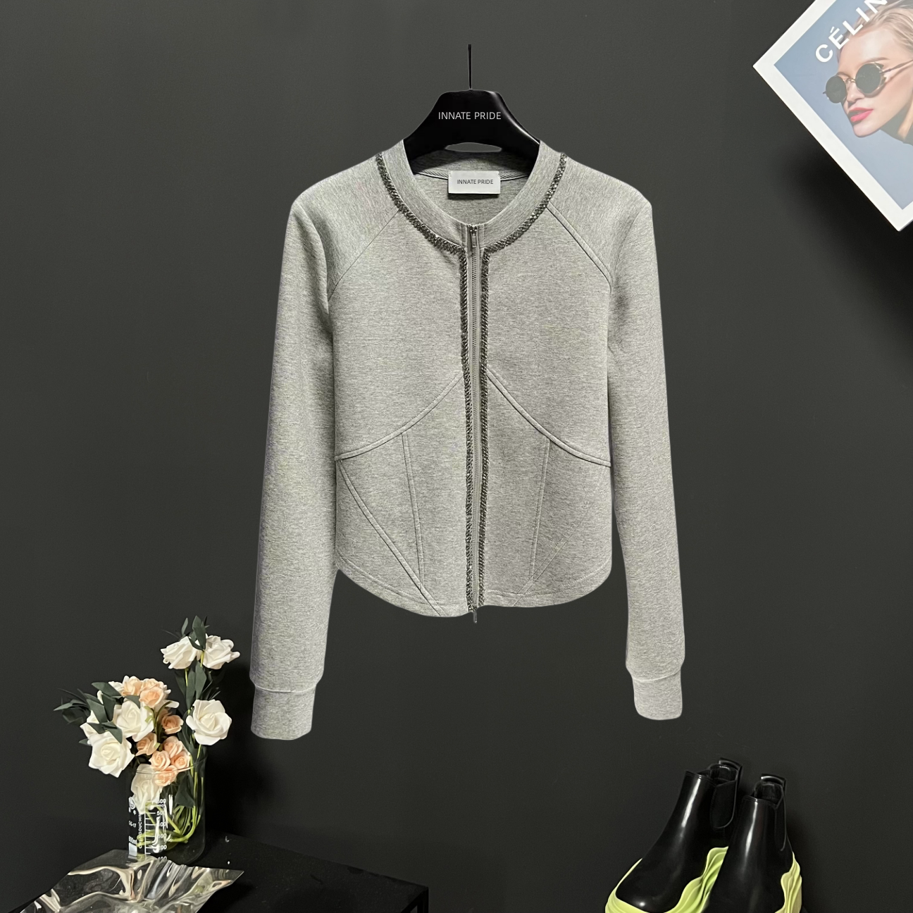 灰色拉链镶钻圆领长袖卫衣女秋冬季新款高端洋气百搭减龄保暖上衣