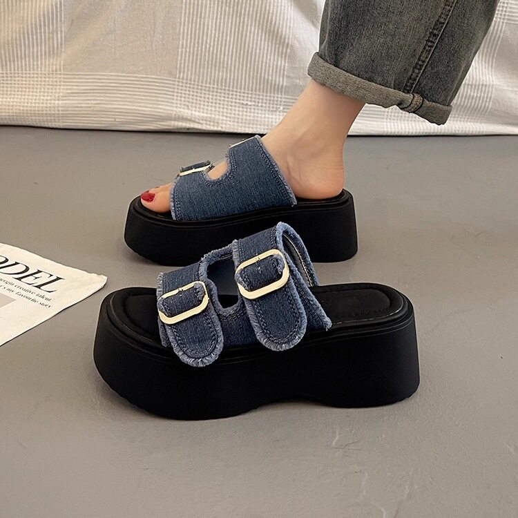 厚底松糕凉鞋女2025新款百搭牛仔布拖鞋运动罗马凉鞋欧货潮女