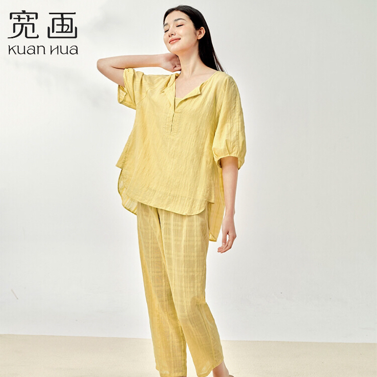宽画女士全棉中袖家居服套装