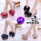 女夏季 花朵果冻鞋 新款 鱼嘴凉鞋 平底蝴蝶结女鞋 学生韩版 透明水晶鞋