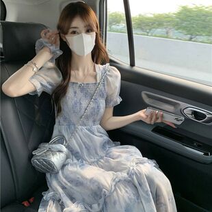 今年流行 飘逸 漂亮裙子新爆款 雪纺有内里防走光连衣裙女夏泡泡袖