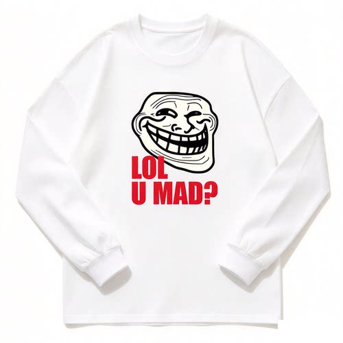 TROLLFACE MEME LOL U MAD巨魔脸表情包印花纯棉T恤男长袖打底衫