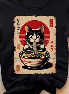 cat日本浮世绘猫咪可爱纯棉水洗做旧t恤男女同款hiphop短袖