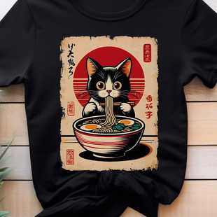 cat日本浮世绘猫咪可爱纯棉水洗做旧t恤男女同款hiphop短袖