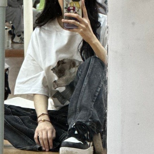 花可美猫咪坨坨主题T恤搞怪黑白短袖沈梦瑶同款可爱ins小众上衣