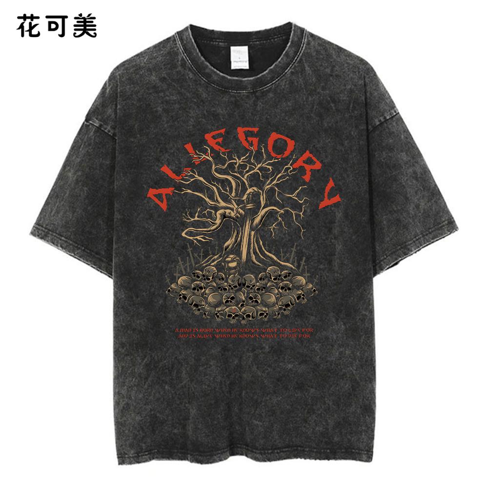 动漫剑风传奇Guts酸T恤复古怀旧水洗图案T恤男棉休闲短袖T恤上衣