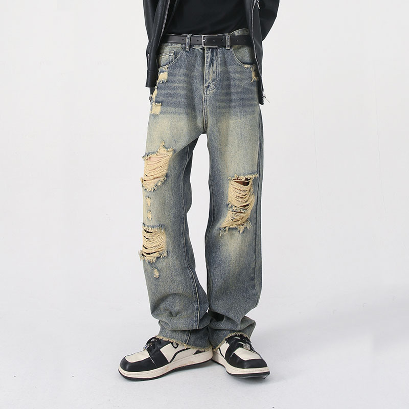 港式复古做旧高街磨破水洗泛黄刮烂破洞牛仔裤宽松直筒毛边乞丐裤