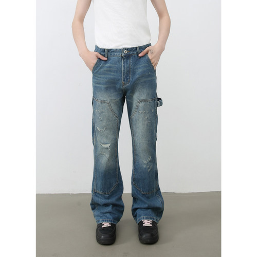 sicnhe美式复古拼接伐木微喇叭牛仔裤男水洗磨破宽松直筒拖地长裤