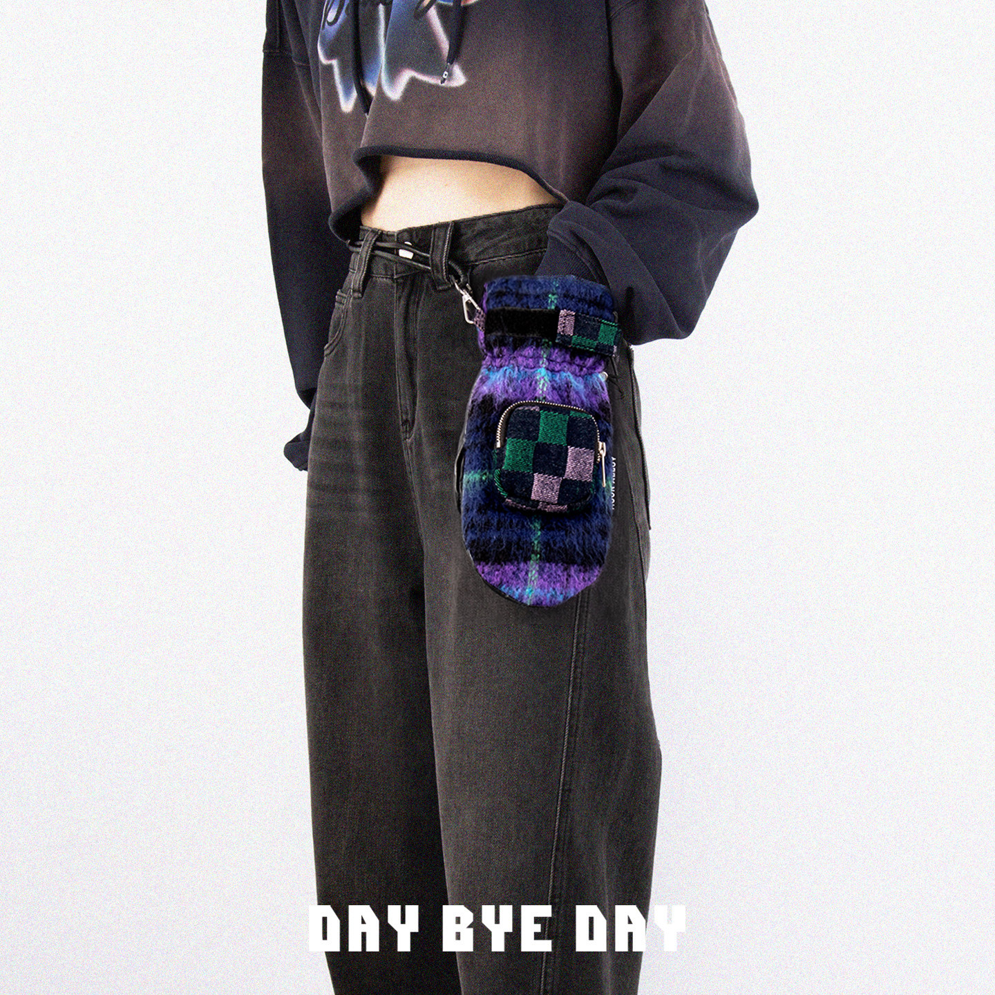 DAY BYE DAY原创单肩斜挎小腰包牛仔女个性小众手套羊毛竖款手机