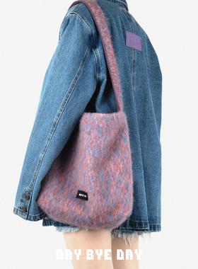 DAY BYE DAY原创单肩斜挎毛呢女个性小众大容量通勤托特包双面