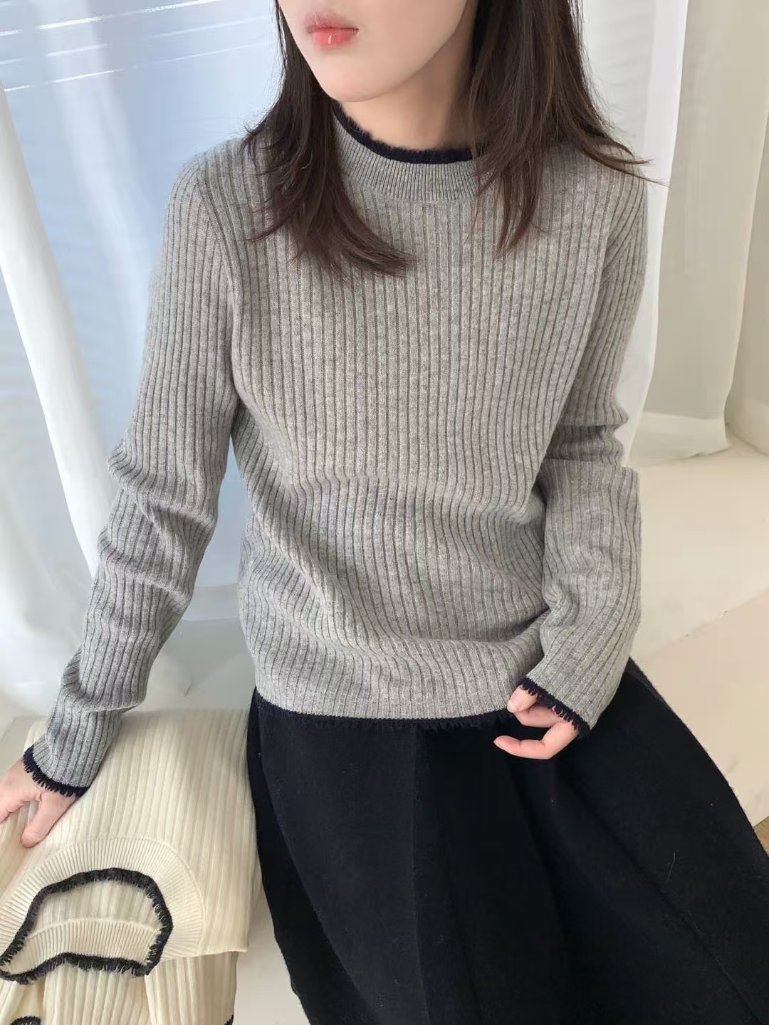 韩版流苏拼色设计感全羊毛毛衣女显瘦百搭洋气全羊毛上衣