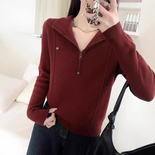 安卡拉红秋冬新款洋气半高领打底针织衫保暖上衣加厚加绒拉链毛衣