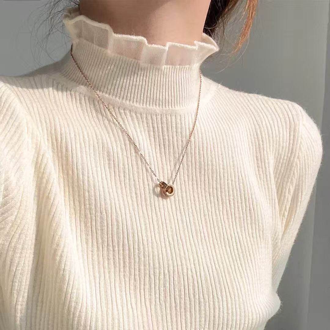 包芯纱面料 半高领蕾丝针织打底衫2025秋冬季毛衣内搭高级感上衣